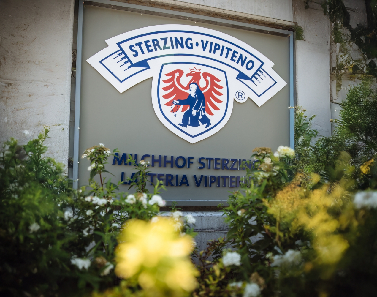 Außenansicht des Firmenschilds des Milchhof Sterzing mit Logo.