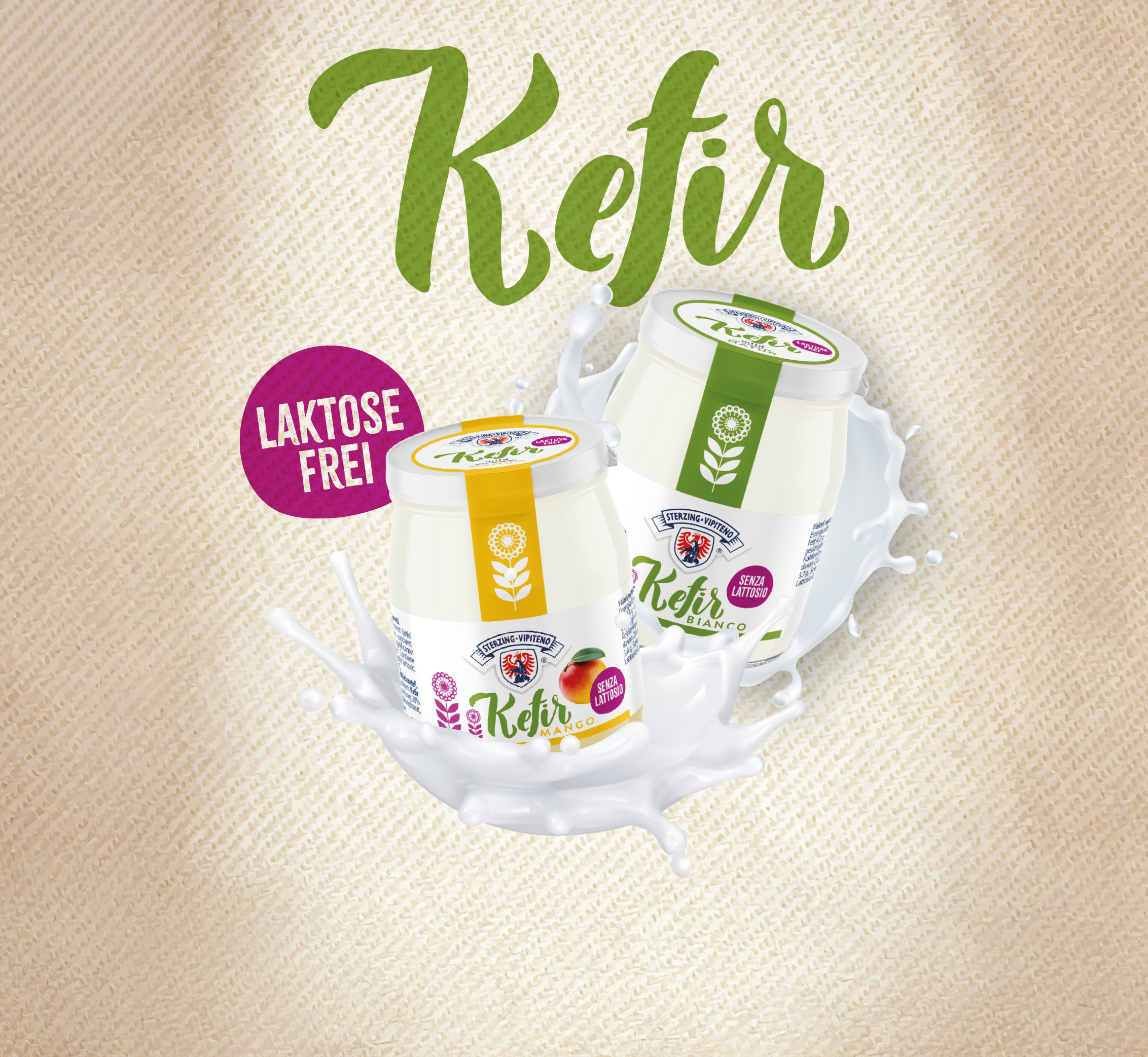 Grafica del prodotto con due bicchieri di kefir della latteria di Vipiteno