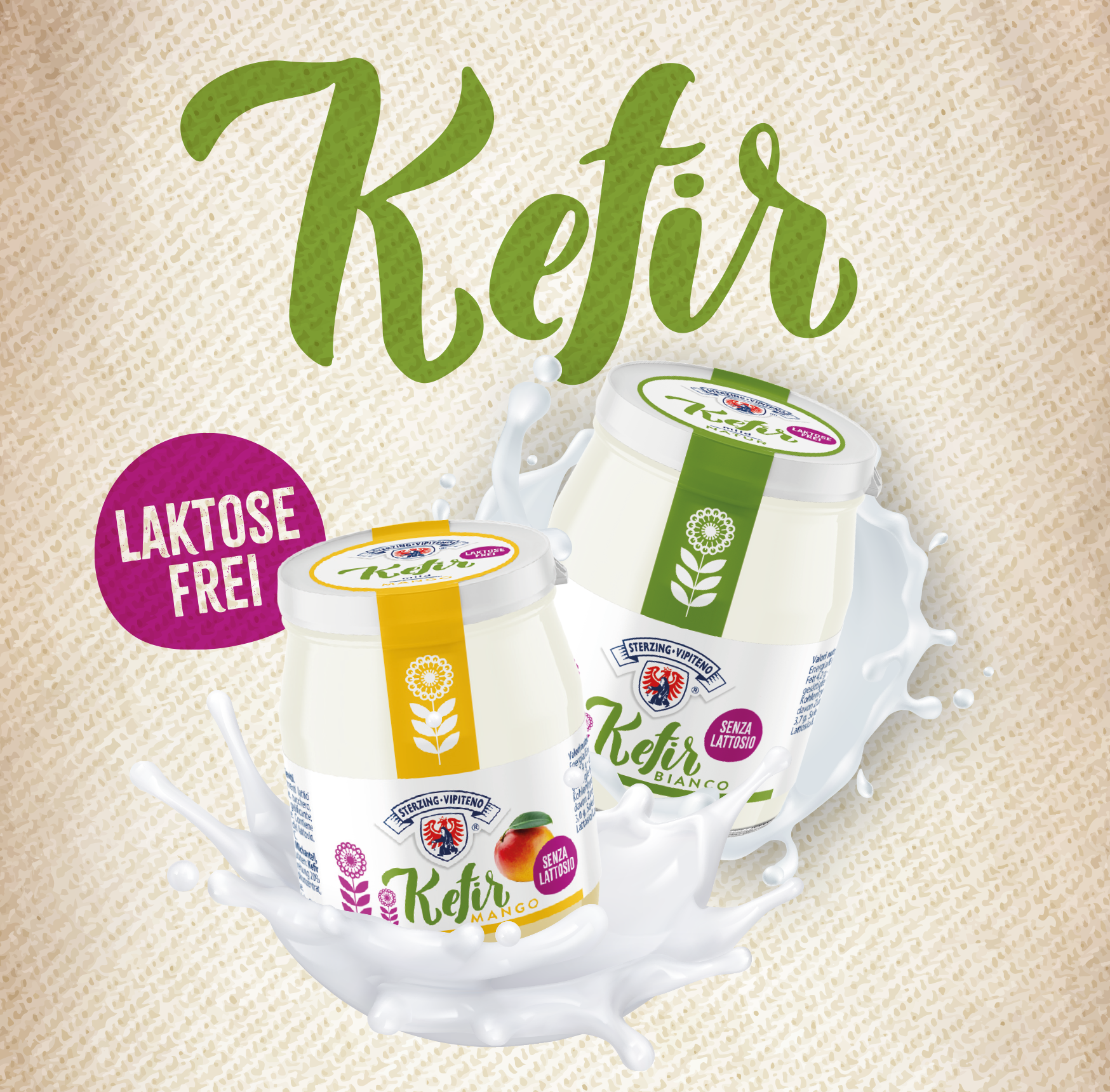 Werbegrafik mit laktosefreiem Kefir von Milchhof Sterzing in den Sorten Natur und Mango