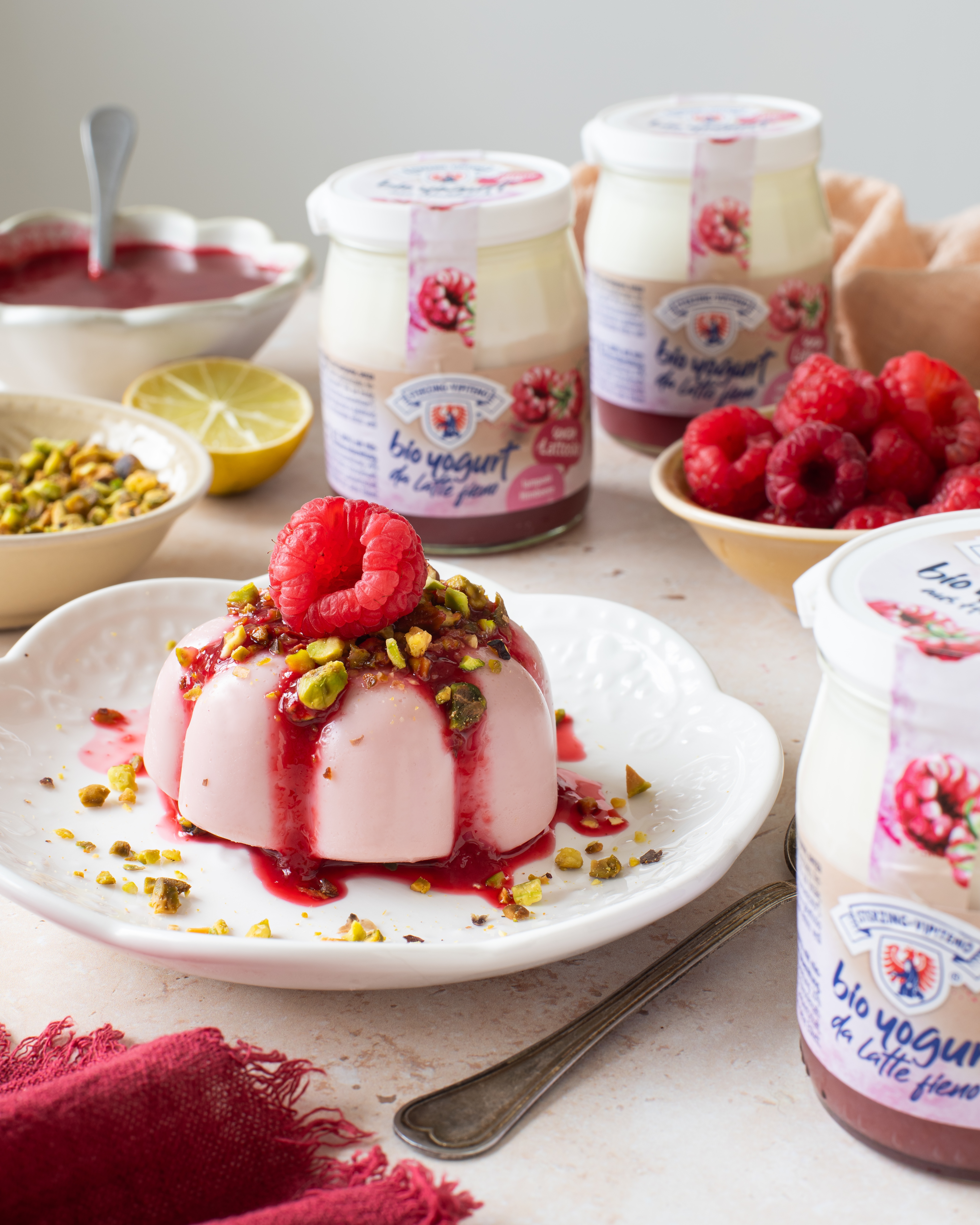 budini di yogurt ai lamponi con pistacchi e salsa di lamponi 2