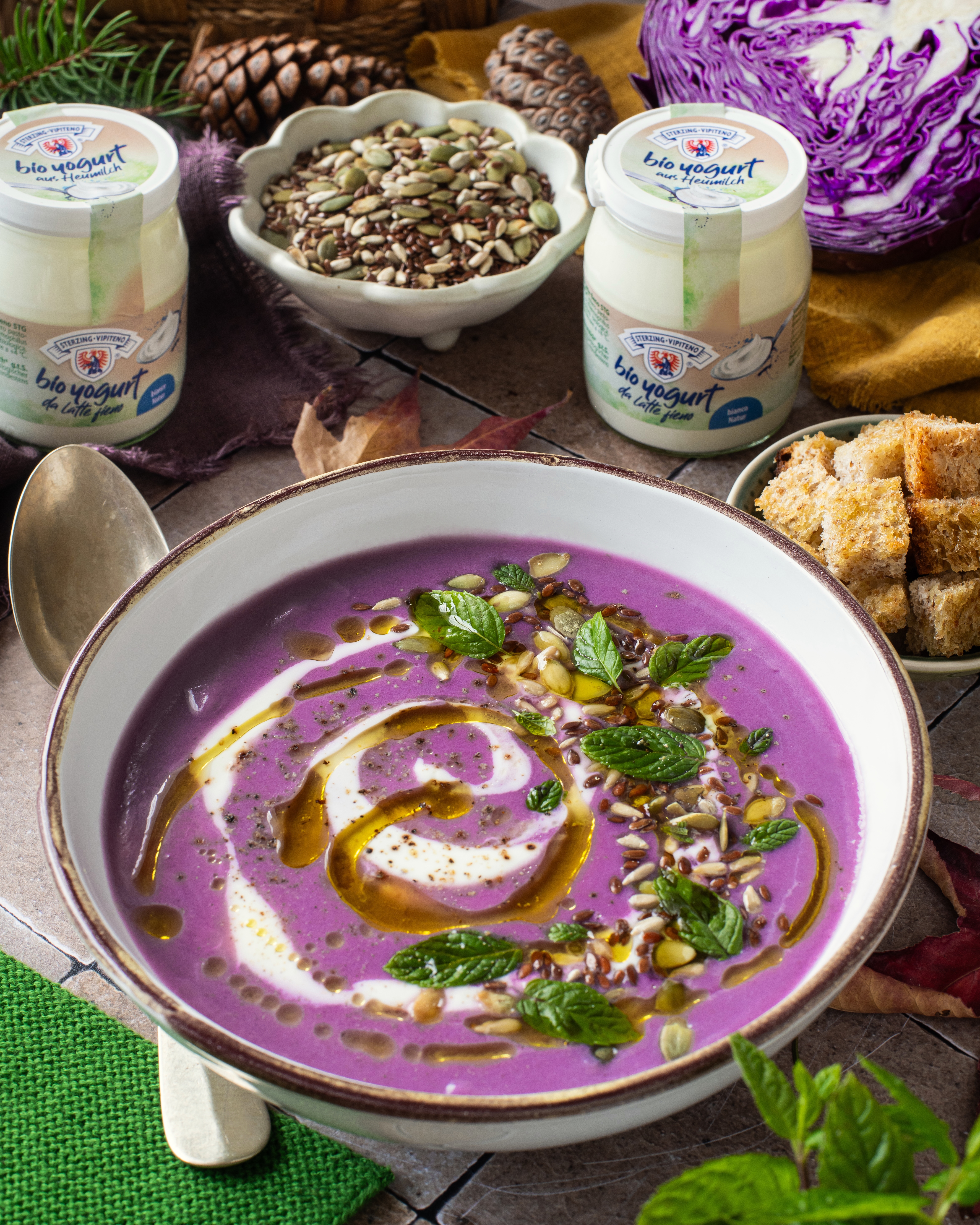 vellutata di cavolo viola con yogurt, semi e menta 2